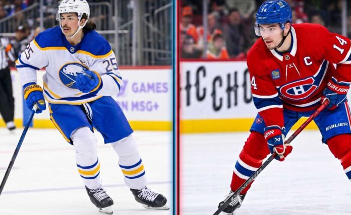 nhl-news-may-22-2026 Split photo of Owen Power (Buffalo Sabres #25, white jersey) and Nick Suzuki (Montreal Canadiens #14, red captain jersey).