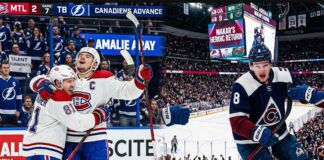Dynamic graphic recaps May 4 NHL News and NHL Scores, highlighting the Montreal Canadiens’ dramatic 2-1 Game 7 win over Tampa Bay and the Colorado Avalanche’s explosive 9-6 thriller victory against the Minnesota Wild.