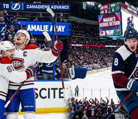 Dynamic graphic recaps May 4 NHL News and NHL Scores, highlighting the Montreal Canadiens’ dramatic 2-1 Game 7 win over Tampa Bay and the Colorado Avalanche’s explosive 9-6 thriller victory against the Minnesota Wild.
