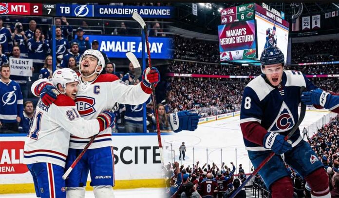 Dynamic graphic recaps May 4 NHL News and NHL Scores, highlighting the Montreal Canadiens’ dramatic 2-1 Game 7 win over Tampa Bay and the Colorado Avalanche’s explosive 9-6 thriller victory against the Minnesota Wild.