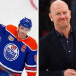 A split image featuring Connor McDavid of the Edmonton Oilers with his arm raised in victory and Mats Sundin in a suit, side-by-side.