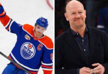 A split image featuring Connor McDavid of the Edmonton Oilers with his arm raised in victory and Mats Sundin in a suit, side-by-side.