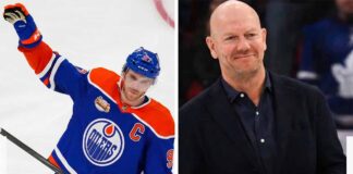 A split image featuring Connor McDavid of the Edmonton Oilers with his arm raised in victory and Mats Sundin in a suit, side-by-side.
