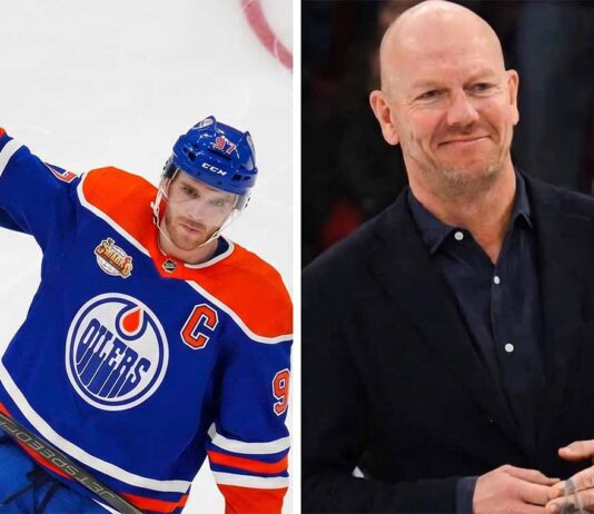 A split image featuring Connor McDavid of the Edmonton Oilers with his arm raised in victory and Mats Sundin in a suit, side-by-side.