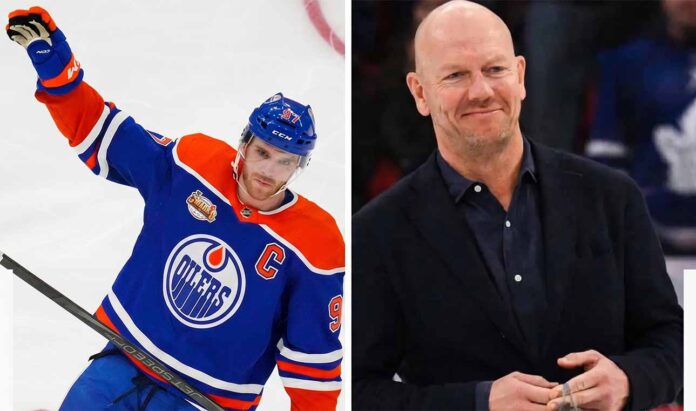 A split image featuring Connor McDavid of the Edmonton Oilers with his arm raised in victory and Mats Sundin in a suit, side-by-side.
