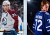 A side-by-side comparison titled 'Present & Future of Hockey', featuring Colorado Avalanche captain Nathan MacKinnon (#29) in his away white jersey on the ice and Toronto Maple Leafs prospect Gavin McKenna (#72) looking back in his home blue jersey in a dramatic studio setting. This graphic highlights the contrast between current NHL playoff stars and incoming elite talent discussed in today's NHL news and scores update.