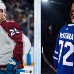 A side-by-side comparison titled 'Present & Future of Hockey', featuring Colorado Avalanche captain Nathan MacKinnon (#29) in his away white jersey on the ice and Toronto Maple Leafs prospect Gavin McKenna (#72) looking back in his home blue jersey in a dramatic studio setting. This graphic highlights the contrast between current NHL playoff stars and incoming elite talent discussed in today's NHL news and scores update.