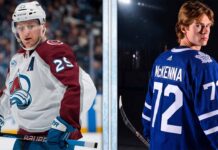 A side-by-side comparison titled 'Present & Future of Hockey', featuring Colorado Avalanche captain Nathan MacKinnon (#29) in his away white jersey on the ice and Toronto Maple Leafs prospect Gavin McKenna (#72) looking back in his home blue jersey in a dramatic studio setting. This graphic highlights the contrast between current NHL playoff stars and incoming elite talent discussed in today's NHL news and scores update.