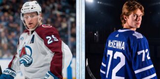 NHL News and NHL Scores: May 6 Playoff Results & Draft Lottery A side-by-side comparison titled 'Present & Future of Hockey', featuring Colorado Avalanche captain Nathan MacKinnon (#29) in his away white jersey on the ice and Toronto Maple Leafs prospect Gavin McKenna (#72) looking back in his home blue jersey in a dramatic studio setting. This graphic highlights the contrast between current NHL playoff stars and incoming elite talent discussed in today's NHL news and scores update.