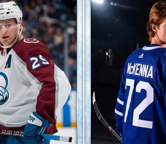 A side-by-side comparison titled 'Present & Future of Hockey', featuring Colorado Avalanche captain Nathan MacKinnon (#29) in his away white jersey on the ice and Toronto Maple Leafs prospect Gavin McKenna (#72) looking back in his home blue jersey in a dramatic studio setting. This graphic highlights the contrast between current NHL playoff stars and incoming elite talent discussed in today's NHL news and scores update.