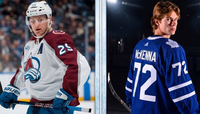 A side-by-side comparison titled 'Present & Future of Hockey', featuring Colorado Avalanche captain Nathan MacKinnon (#29) in his away white jersey on the ice and Toronto Maple Leafs prospect Gavin McKenna (#72) looking back in his home blue jersey in a dramatic studio setting. This graphic highlights the contrast between current NHL playoff stars and incoming elite talent discussed in today's NHL news and scores update.