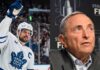 A vertical split image with Toronto Maple Leafs captain Auston Matthews celebrating on ice on the left and NHL Commissioner Gary Bettman speaking at a Stanley Cup Final press conference on the right, illustrating the latest NHL news regarding the rising $104M salary cap.