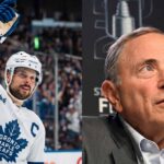 A vertical split image with Toronto Maple Leafs captain Auston Matthews celebrating on ice on the left and NHL Commissioner Gary Bettman speaking at a Stanley Cup Final press conference on the right, illustrating the latest NHL news regarding the rising $104M salary cap.