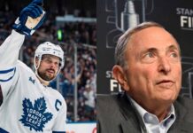 A vertical split image with Toronto Maple Leafs captain Auston Matthews celebrating on ice on the left and NHL Commissioner Gary Bettman speaking at a Stanley Cup Final press conference on the right, illustrating the latest NHL news regarding the rising $104M salary cap.