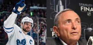 A vertical split image with Toronto Maple Leafs captain Auston Matthews celebrating on ice on the left and NHL Commissioner Gary Bettman speaking at a Stanley Cup Final press conference on the right, illustrating the latest NHL news regarding the rising $104M salary cap.