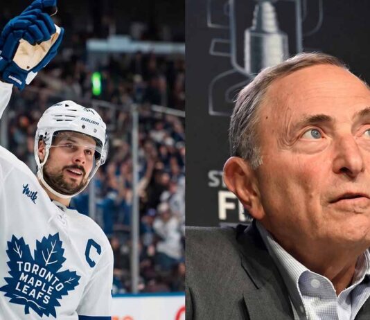 A vertical split image with Toronto Maple Leafs captain Auston Matthews celebrating on ice on the left and NHL Commissioner Gary Bettman speaking at a Stanley Cup Final press conference on the right, illustrating the latest NHL news regarding the rising $104M salary cap.