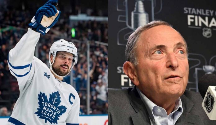 A vertical split image with Toronto Maple Leafs captain Auston Matthews celebrating on ice on the left and NHL Commissioner Gary Bettman speaking at a Stanley Cup Final press conference on the right, illustrating the latest NHL news regarding the rising $104M salary cap.