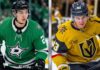 A high-resolution, vertically split sports photograph. The left side features a close-up of Jason Robertson of the Dallas Stars in a green #21 jersey. The right side features a close-up of Mitch Marner of the Vegas Golden Knights in a gold #93 jersey.