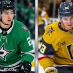 A high-resolution, vertically split sports photograph. The left side features a close-up of Jason Robertson of the Dallas Stars in a green #21 jersey. The right side features a close-up of Mitch Marner of the Vegas Golden Knights in a gold #93 jersey.