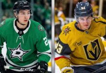 A high-resolution, vertically split sports photograph. The left side features a close-up of Jason Robertson of the Dallas Stars in a green #21 jersey. The right side features a close-up of Mitch Marner of the Vegas Golden Knights in a gold #93 jersey.