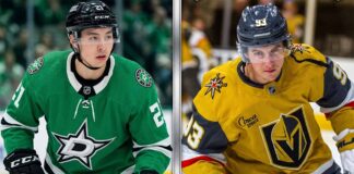 A high-resolution, vertically split sports photograph. The left side features a close-up of Jason Robertson of the Dallas Stars in a green #21 jersey. The right side features a close-up of Mitch Marner of the Vegas Golden Knights in a gold #93 jersey.