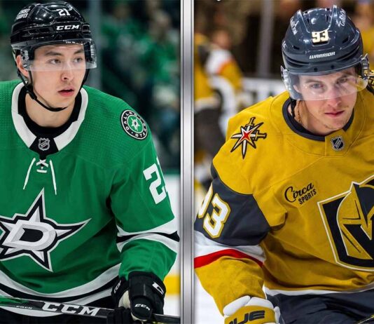 A high-resolution, vertically split sports photograph. The left side features a close-up of Jason Robertson of the Dallas Stars in a green #21 jersey. The right side features a close-up of Mitch Marner of the Vegas Golden Knights in a gold #93 jersey.