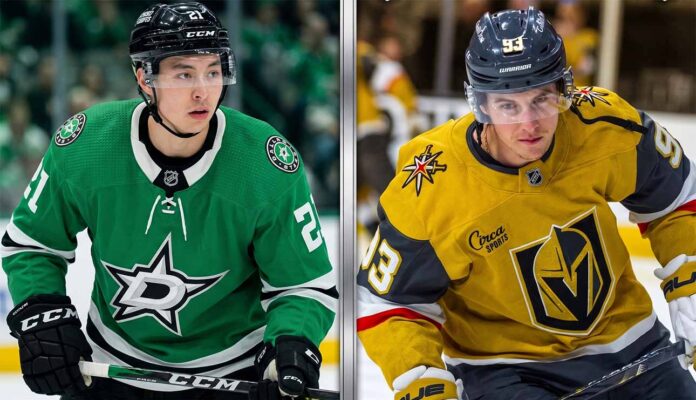 A high-resolution, vertically split sports photograph. The left side features a close-up of Jason Robertson of the Dallas Stars in a green #21 jersey. The right side features a close-up of Mitch Marner of the Vegas Golden Knights in a gold #93 jersey.