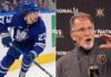 Latest NHL News and NHL Scores: Vegas Sanctions, Knies rumors, and Playoff Thrills A vertical split image representing latest NHL news: on the left, Matthew Knies in a blue Toronto Maple Leafs jersey #23, holding a hockey stick on the ice; on the right, John Tortorella wearing a grey Vegas Golden Knights jacket, gesturing while speaking at a press conference.