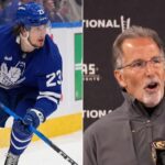 Latest NHL News and NHL Scores: Vegas Sanctions, Knies rumors, and Playoff Thrills A vertical split image representing latest NHL news: on the left, Matthew Knies in a blue Toronto Maple Leafs jersey #23, holding a hockey stick on the ice; on the right, John Tortorella wearing a grey Vegas Golden Knights jacket, gesturing while speaking at a press conference.