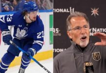 Latest NHL News and NHL Scores: Vegas Sanctions, Knies rumors, and Playoff Thrills A vertical split image representing latest NHL news: on the left, Matthew Knies in a blue Toronto Maple Leafs jersey #23, holding a hockey stick on the ice; on the right, John Tortorella wearing a grey Vegas Golden Knights jacket, gesturing while speaking at a press conference.