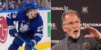 A vertical split image representing latest NHL news: on the left, Matthew Knies in a blue Toronto Maple Leafs jersey #23, holding a hockey stick on the ice; on the right, John Tortorella wearing a grey Vegas Golden Knights jacket, gesturing while speaking at a press conference.