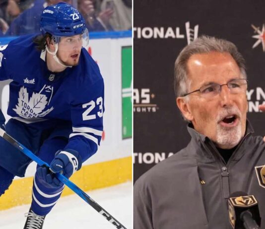 Latest NHL News and NHL Scores: Vegas Sanctions, Knies rumors, and Playoff Thrills A vertical split image representing latest NHL news: on the left, Matthew Knies in a blue Toronto Maple Leafs jersey #23, holding a hockey stick on the ice; on the right, John Tortorella wearing a grey Vegas Golden Knights jacket, gesturing while speaking at a press conference.