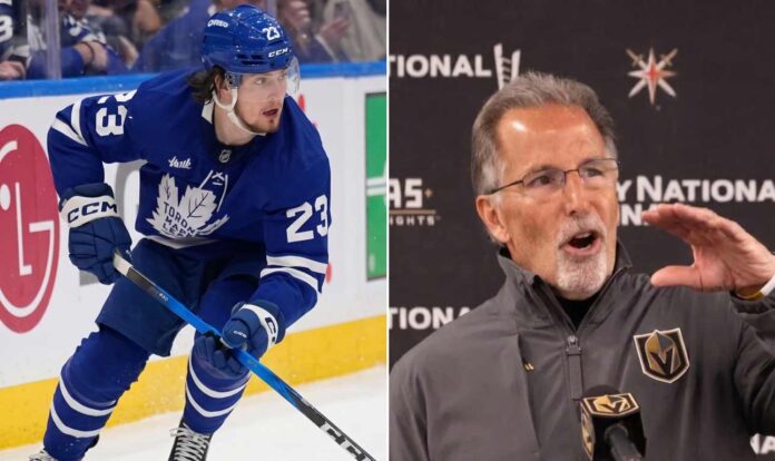 A vertical split image representing latest NHL news: on the left, Matthew Knies in a blue Toronto Maple Leafs jersey #23, holding a hockey stick on the ice; on the right, John Tortorella wearing a grey Vegas Golden Knights jacket, gesturing while speaking at a press conference.
