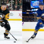 A dynamic NHL News and NHL Scores illustrated graphic detailing Stanley Cup Playoff wins for the Buffalo Sabres and Anaheim Ducks, alongside contract extensions for Pittsburgh Penguins Connor Dewar and Ilya Solovyov. Perfect roundup for May 7, 2026.