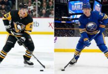 A dynamic NHL News and NHL Scores illustrated graphic detailing Stanley Cup Playoff wins for the Buffalo Sabres and Anaheim Ducks, alongside contract extensions for Pittsburgh Penguins Connor Dewar and Ilya Solovyov. Perfect roundup for May 7, 2026.