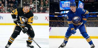 A dynamic NHL News and NHL Scores illustrated graphic detailing Stanley Cup Playoff wins for the Buffalo Sabres and Anaheim Ducks, alongside contract extensions for Pittsburgh Penguins Connor Dewar and Ilya Solovyov. Perfect roundup for May 7, 2026.