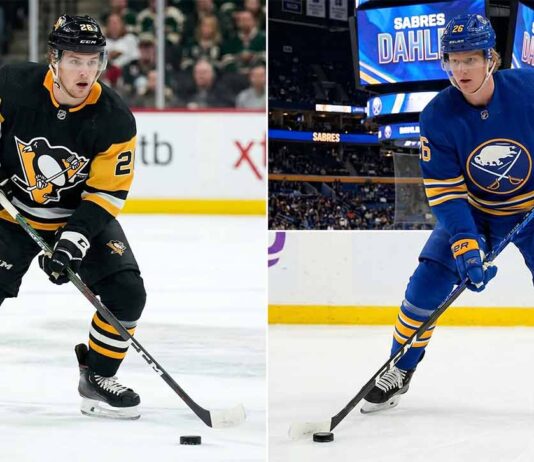 A dynamic NHL News and NHL Scores illustrated graphic detailing Stanley Cup Playoff wins for the Buffalo Sabres and Anaheim Ducks, alongside contract extensions for Pittsburgh Penguins Connor Dewar and Ilya Solovyov. Perfect roundup for May 7, 2026.