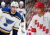 A vertical split image featuring NHL players Jordan Kyrou of the St. Louis Blues (left) and Taylor Hall of the Carolina Hurricanes (right) in their white away jerseys, representing the latest NHL news and rumors regarding playoff performers and offseason roster building.