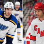 A vertical split image featuring NHL players Jordan Kyrou of the St. Louis Blues (left) and Taylor Hall of the Carolina Hurricanes (right) in their white away jerseys, representing the latest NHL news and rumors regarding playoff performers and offseason roster building.