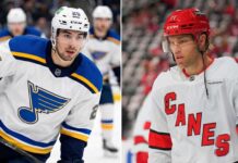 A vertical split image featuring NHL players Jordan Kyrou of the St. Louis Blues (left) and Taylor Hall of the Carolina Hurricanes (right) in their white away jerseys, representing the latest NHL news and rumors regarding playoff performers and offseason roster building.