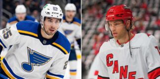 A vertical split image featuring NHL players Jordan Kyrou of the St. Louis Blues (left) and Taylor Hall of the Carolina Hurricanes (right) in their white away jerseys, representing the latest NHL news and rumors regarding playoff performers and offseason roster building.