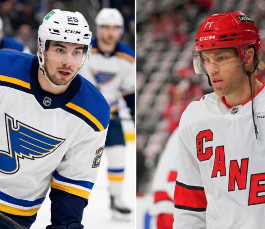 A vertical split image featuring NHL players Jordan Kyrou of the St. Louis Blues (left) and Taylor Hall of the Carolina Hurricanes (right) in their white away jerseys, representing the latest NHL news and rumors regarding playoff performers and offseason roster building.