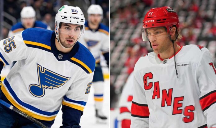 A vertical split image featuring NHL players Jordan Kyrou of the St. Louis Blues (left) and Taylor Hall of the Carolina Hurricanes (right) in their white away jerseys, representing the latest NHL news and rumors regarding playoff performers and offseason roster building.