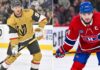 Latest NHL News and NHL Scores: May 26 Playoff Updates Horizontal split image featuring Jack Eichel of the Vegas Golden Knights (left, gold jersey) handling a puck and Nick Suzuki of the Montreal Canadiens (right, red 'C' captain jersey) in a ready stance during the 2026 NHL Playoffs.