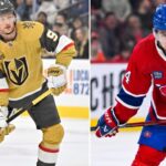 Latest NHL News and NHL Scores: May 26 Playoff Updates Horizontal split image featuring Jack Eichel of the Vegas Golden Knights (left, gold jersey) handling a puck and Nick Suzuki of the Montreal Canadiens (right, red 'C' captain jersey) in a ready stance during the 2026 NHL Playoffs.