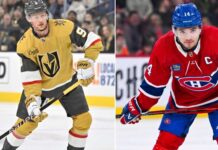 Latest NHL News and NHL Scores: May 26 Playoff Updates Horizontal split image featuring Jack Eichel of the Vegas Golden Knights (left, gold jersey) handling a puck and Nick Suzuki of the Montreal Canadiens (right, red 'C' captain jersey) in a ready stance during the 2026 NHL Playoffs.