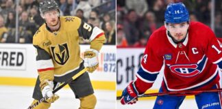 Latest NHL News and NHL Scores: May 26 Playoff Updates Horizontal split image featuring Jack Eichel of the Vegas Golden Knights (left, gold jersey) handling a puck and Nick Suzuki of the Montreal Canadiens (right, red 'C' captain jersey) in a ready stance during the 2026 NHL Playoffs.