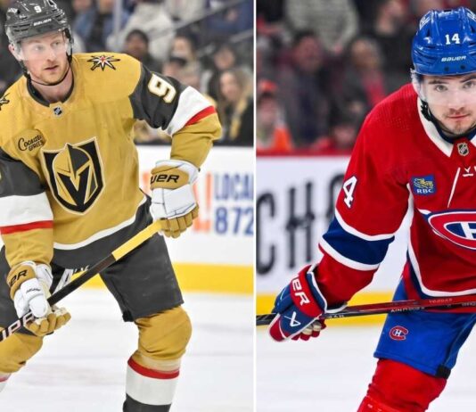 Latest NHL News and NHL Scores: May 26 Playoff Updates Horizontal split image featuring Jack Eichel of the Vegas Golden Knights (left, gold jersey) handling a puck and Nick Suzuki of the Montreal Canadiens (right, red 'C' captain jersey) in a ready stance during the 2026 NHL Playoffs.