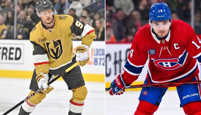 nhl-news-scores-hurricanes-canadiens-overtime Horizontal split image featuring Jack Eichel of the Vegas Golden Knights (left, gold jersey) handling a puck and Nick Suzuki of the Montreal Canadiens (right, red 'C' captain jersey) in a ready stance during the 2026 NHL Playoffs.
