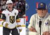 Latest NHL News & NHL Scores: Lindy Ruff Extension & WCF Game 1 A split image featuring Vegas Golden Knights forward Jack Eichel celebrating on the left, and Buffalo Sabres head coach Lindy Ruff at a press conference on the right.